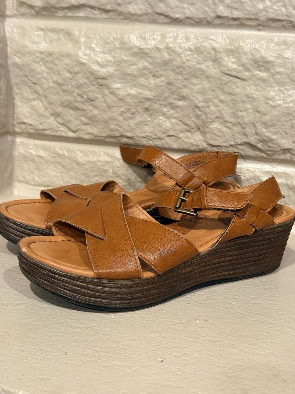 b.o.c. Brown Faux Leather Crossover Strap Platform Wedge Sandals